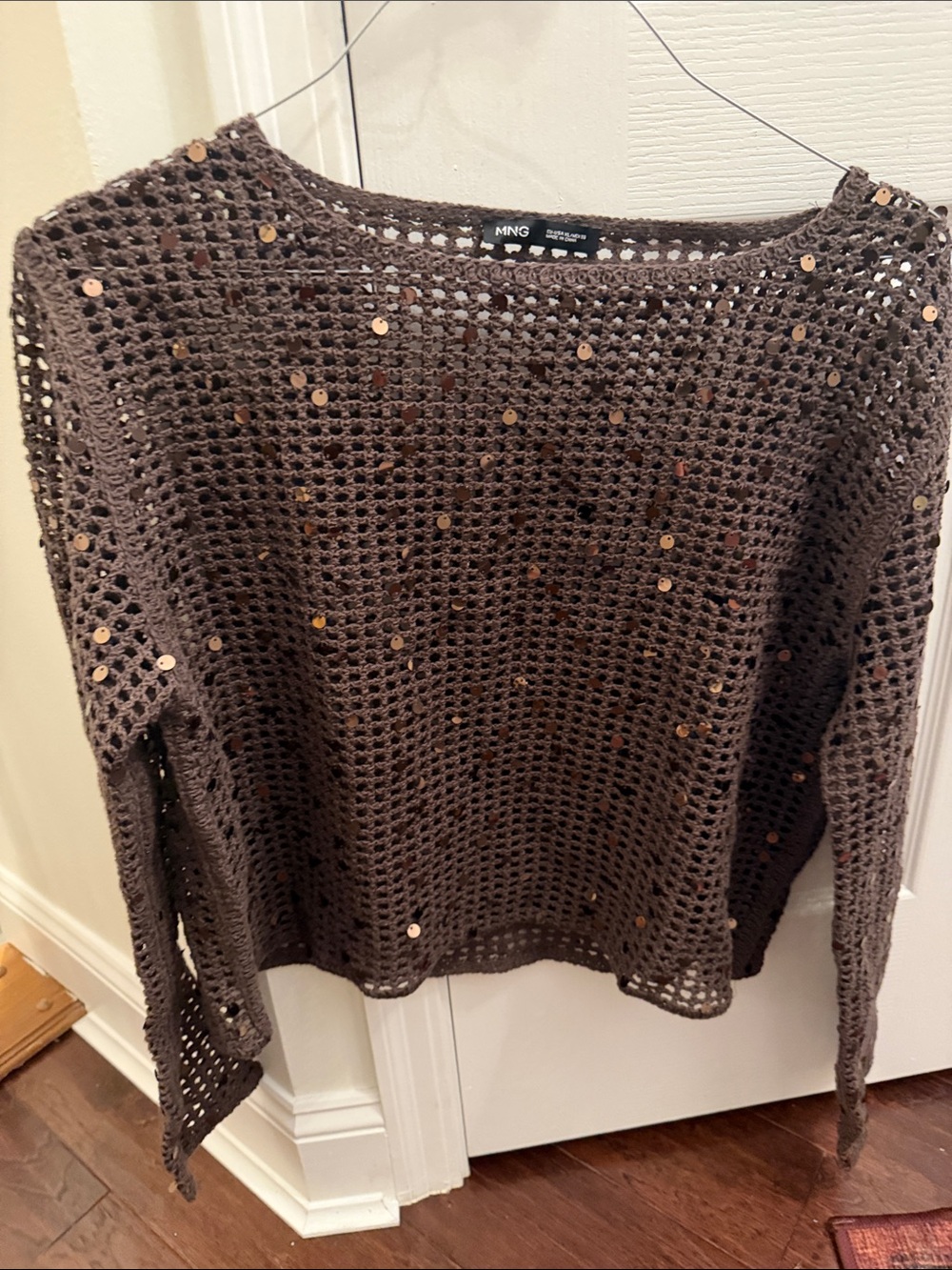 Mango Brown Open-Knit Sequin Crewneck Sweater